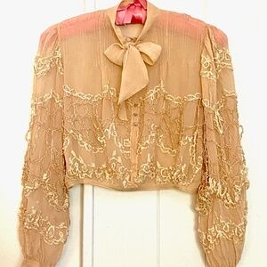 VTG 1930s Peach Silk Blouse w Spider Web Lace Secretary Bow Sz xS S